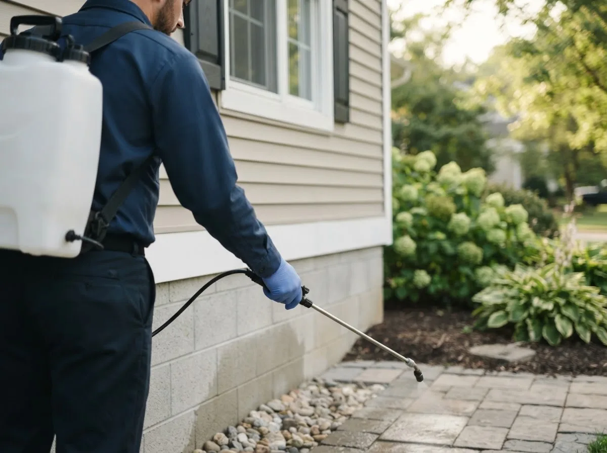 Pest control technician inspecting a home in Ohatchee, AL